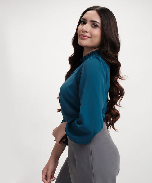 Chiffon Lantern Sleeve Detailed Neck Blue Top